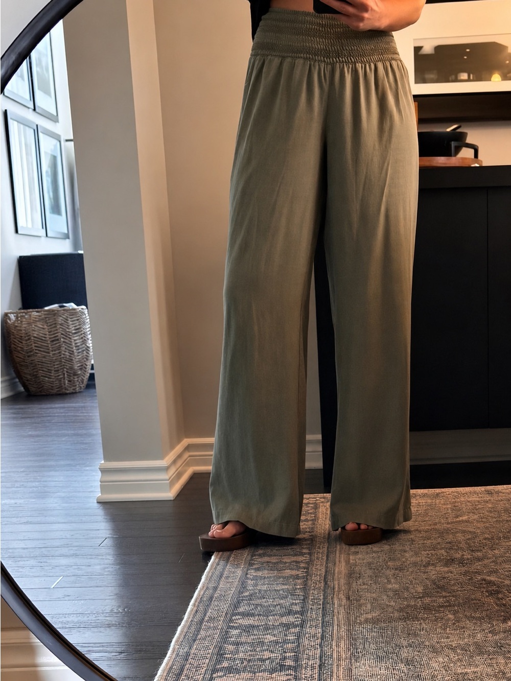 Rewash Olive Green Smocked-Waist Wide Leg Pants